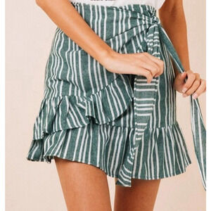 Princess Polly Size 4 Striped Wrap Ruffle Mini Skirt | Green White Zip Feminine